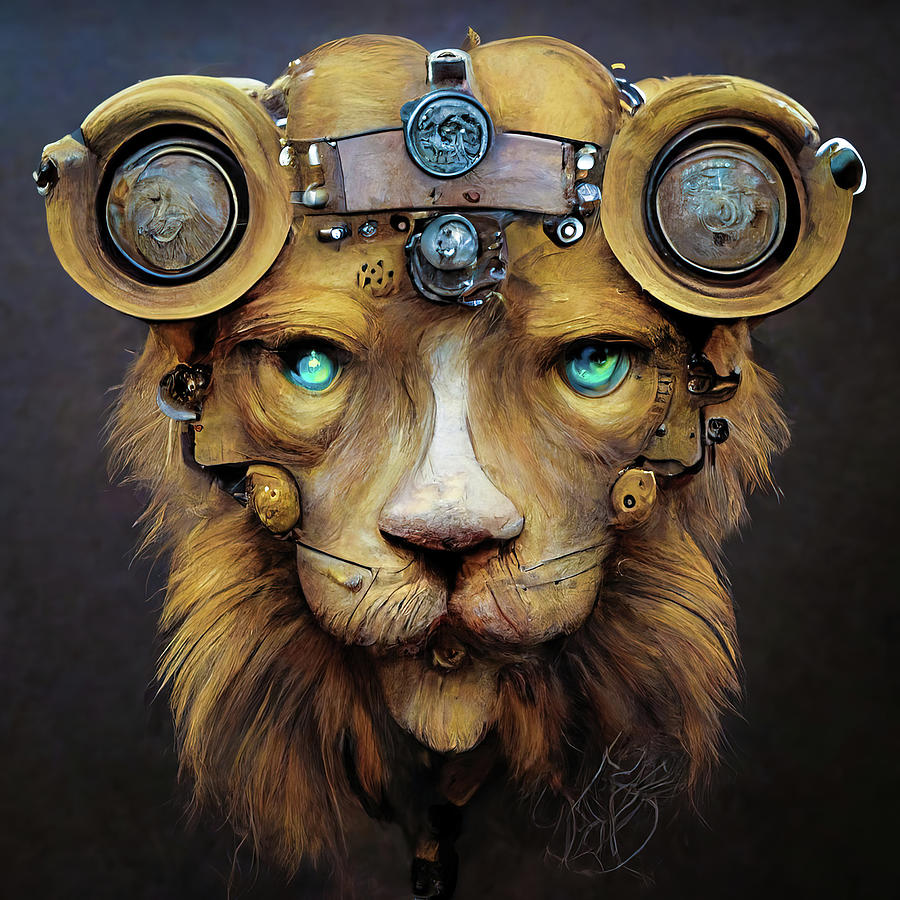 Steampunk Animal 10 Lion Portrait Digital Art by Matthias Hauser