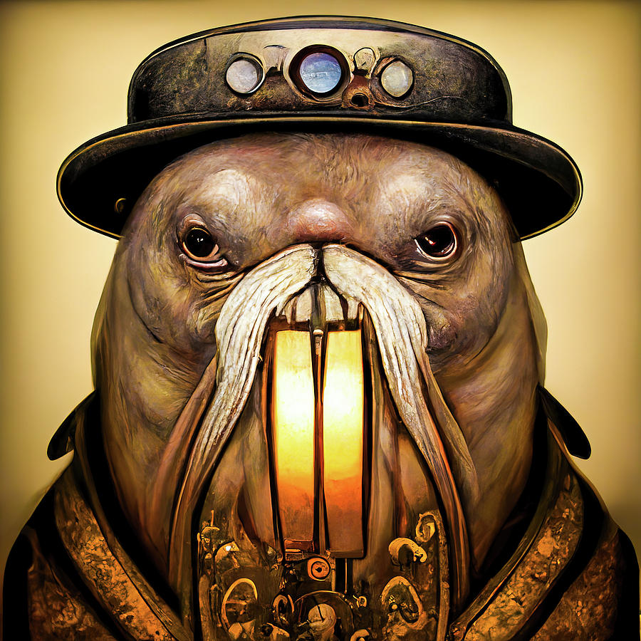 Steampunk Animal 11 Walrus Portrait Digital Art by Matthias Hauser