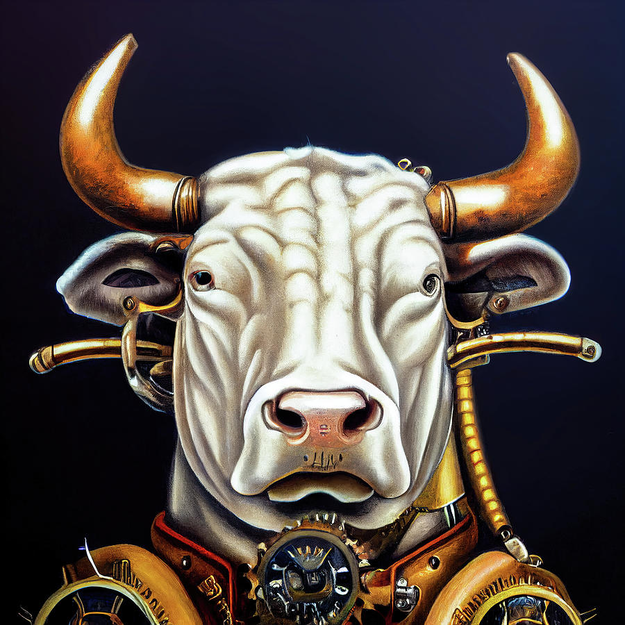Steampunk Animal 15 Bull Portrait Digital Art by Matthias Hauser
