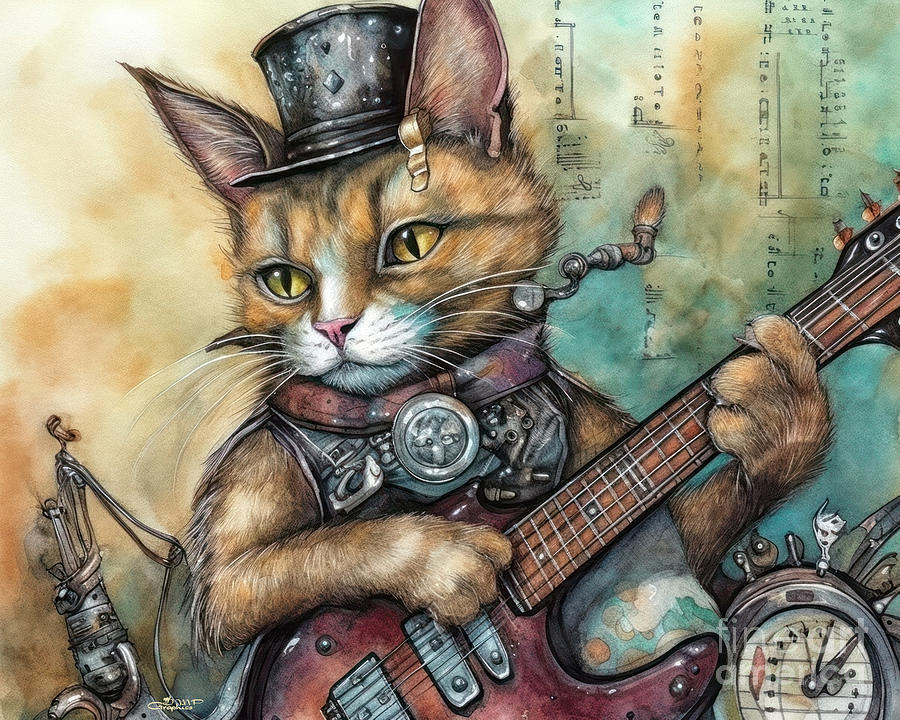 Steampunk Cat Rocker Digital Art by Jutta Maria Pusl