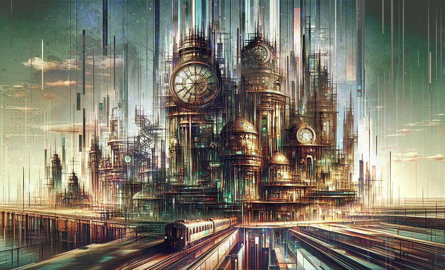 Clock Digital Art - Steampunk City 3 by Phil Sampson