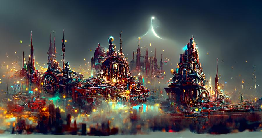 Steampunk City At Night 01 Digital Art by Frederick Butt