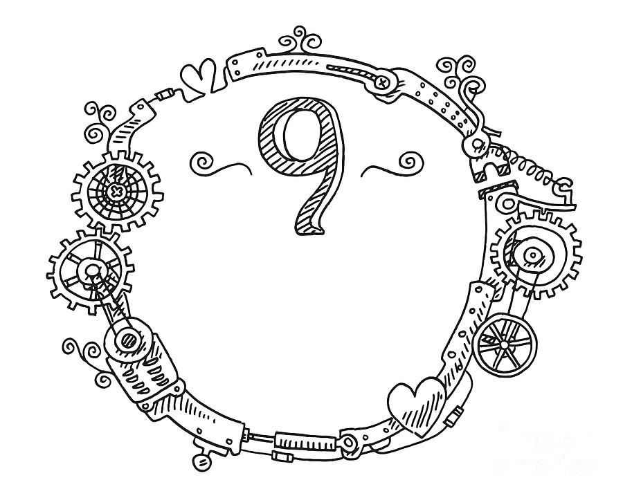 Steampunk Elements Round Frame Number 9 Drawing Drawing by Frank ...