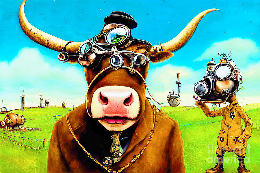 Steampunk Farmer and The Heifer 20221007k Mixed Media by Wingsdomain ...