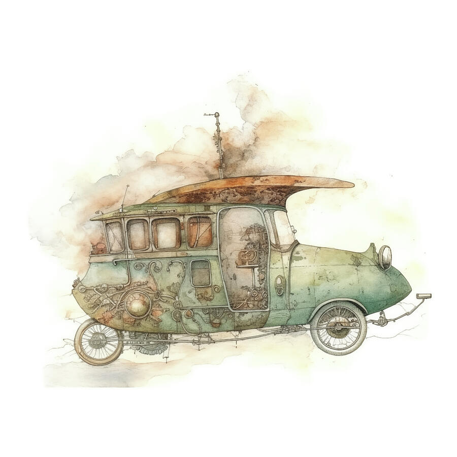 Transportation Digital Art - Steampunk Flying Car Watercolor 180 by MAD PaperAirplanes