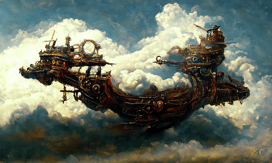 Steampunk flying ship, 01 Painting by AM FineArtPrints