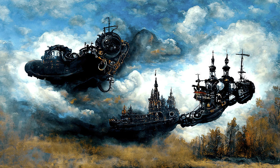 Steampunk flying ship, 05 Painting by AM FineArtPrints