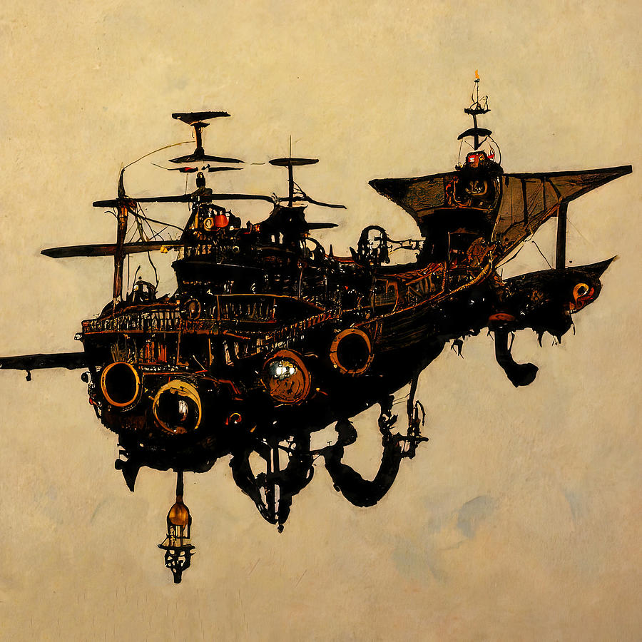 Steampunk flying ship, 10 Painting by AM FineArtPrints