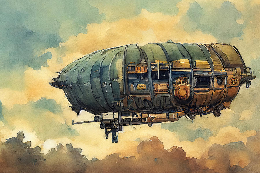 Steampunk flying ship, 12 Painting by AM FineArtPrints