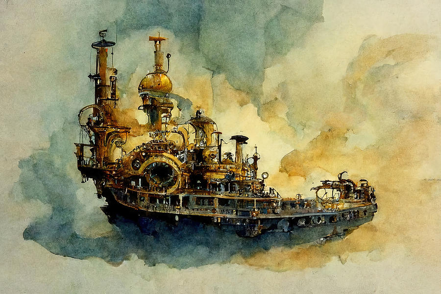 Steampunk flying ship, 13 Painting by AM FineArtPrints