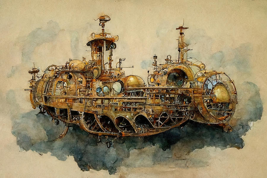 Steampunk flying ship, 14 Painting by AM FineArtPrints