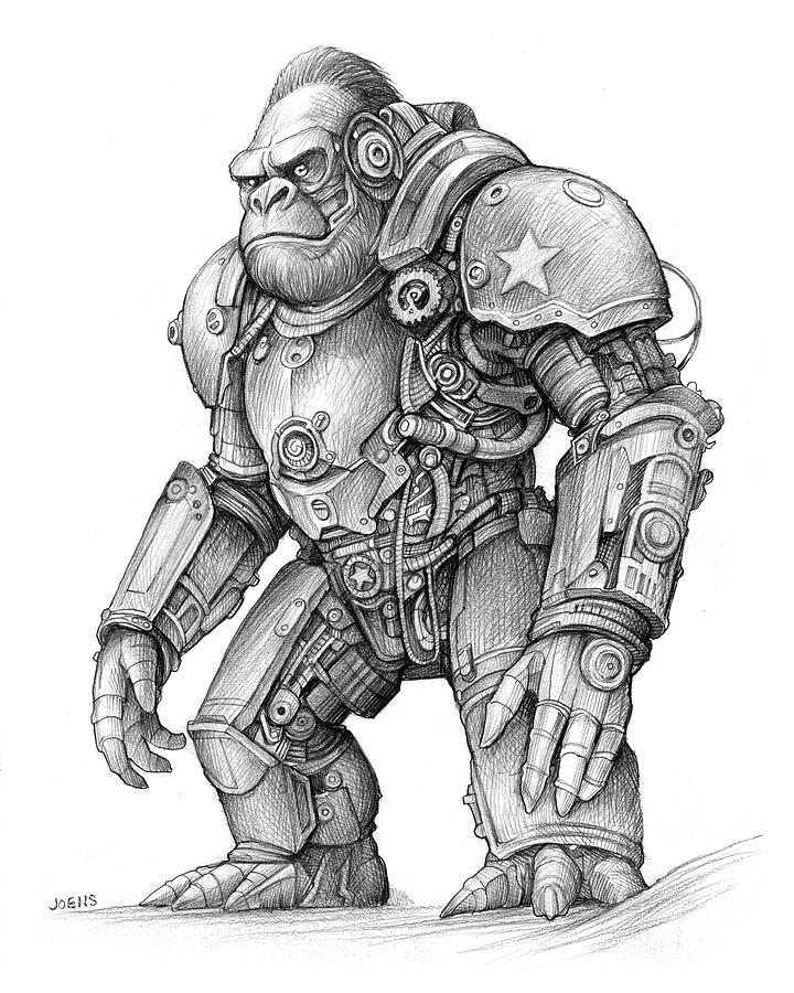 Steampunk Drawing - SteamPunk Gorilla by Greg Joens Steampunk Drawing - SteamPunk Gorilla by Greg Joens