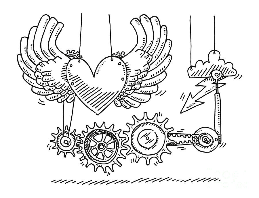Black And White Drawing - Steampunk Heart Wings Gears Drawing by Frank Ramspott