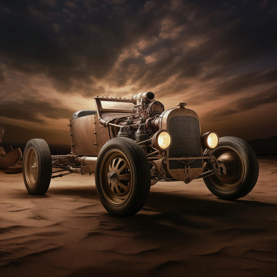 Steampunk Hotrod Roadster On Sand Digital Art