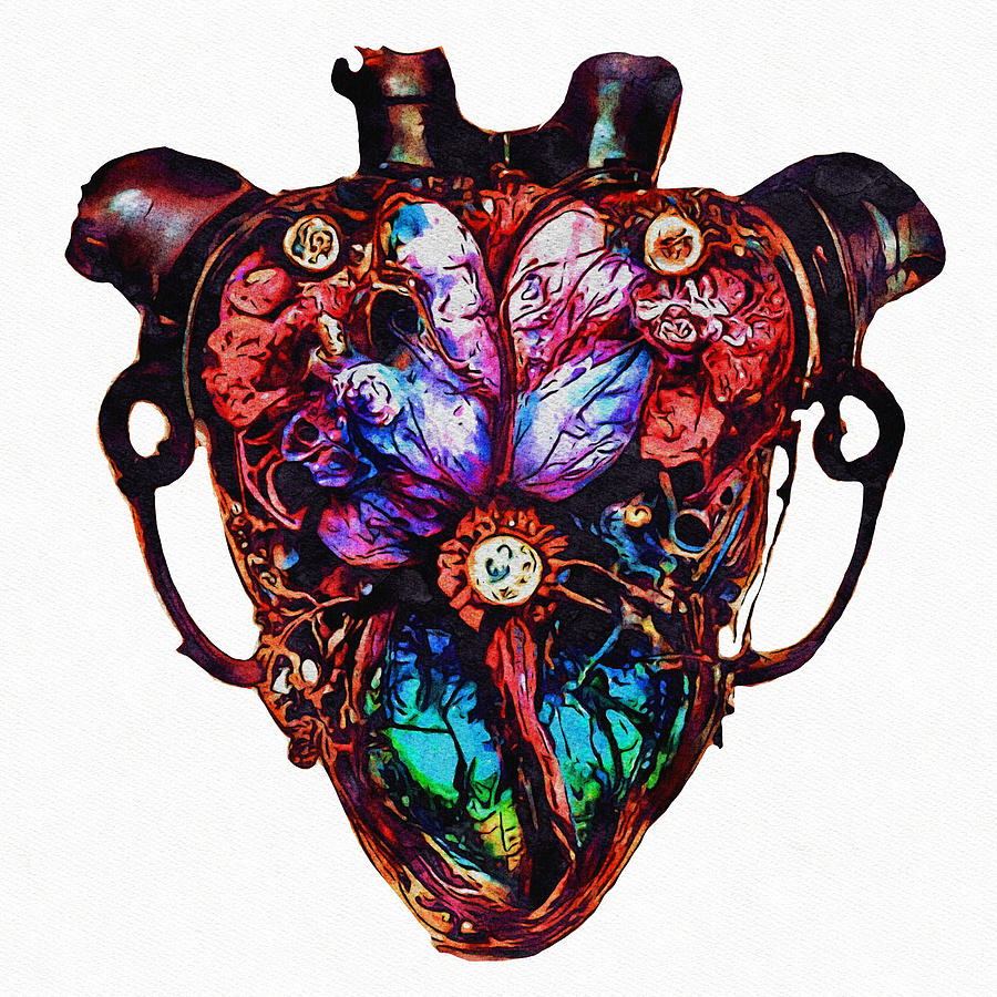 Steampunk Jewelled Anatomical Heart 1 Mixed Media by Ann Leech