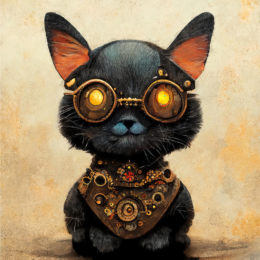 Steampunk Kitten, 01 Painting by AM FineArtPrints