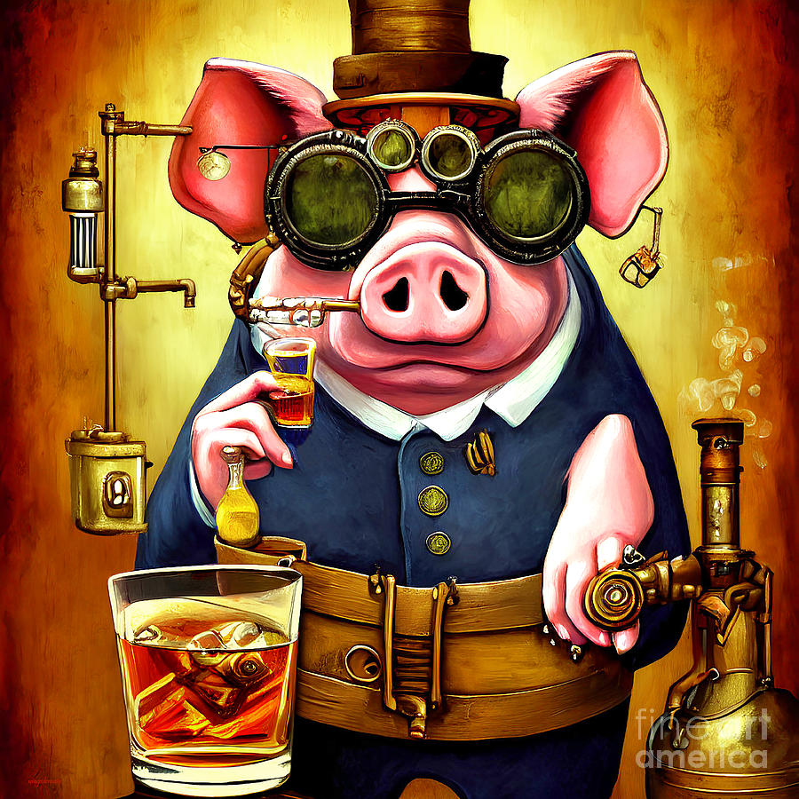 Steampunk Pig Enjoying Moonshine Whiskey 20221008o Mixed Media by Wingsdomain Art and Photography