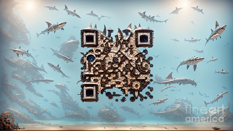Steampunk Shark tank QR Code - Scan to Dive into the Sharks World Mixed Media by Artvizual Premium
