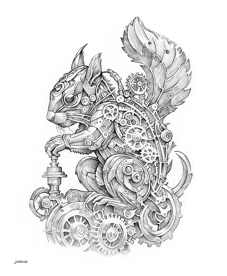 Squirrel Drawing - SteamPunk Squirrel by Greg Joens