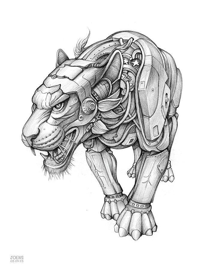 Tiger Drawing - Steampunk Tiger by Greg Joens Tiger Drawing - Steampunk Tiger by Greg Joens