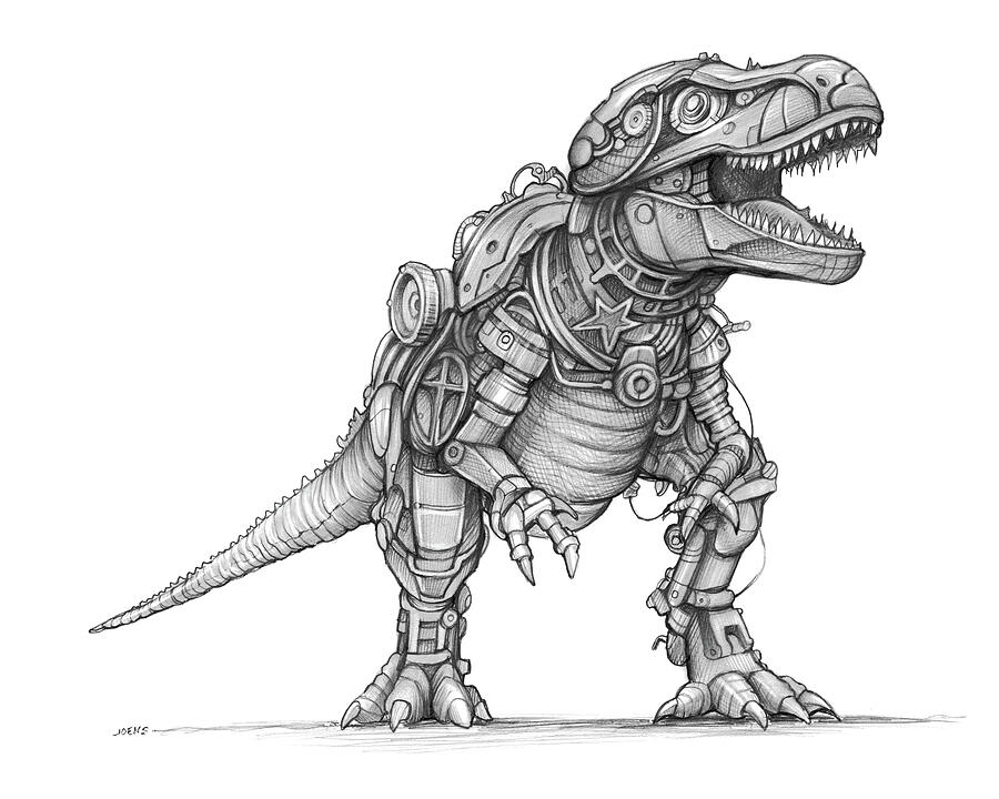 Dinosaur Drawing - SteamPunk TRex by Greg Joens Dinosaur Drawing - SteamPunk TRex by Greg Joens