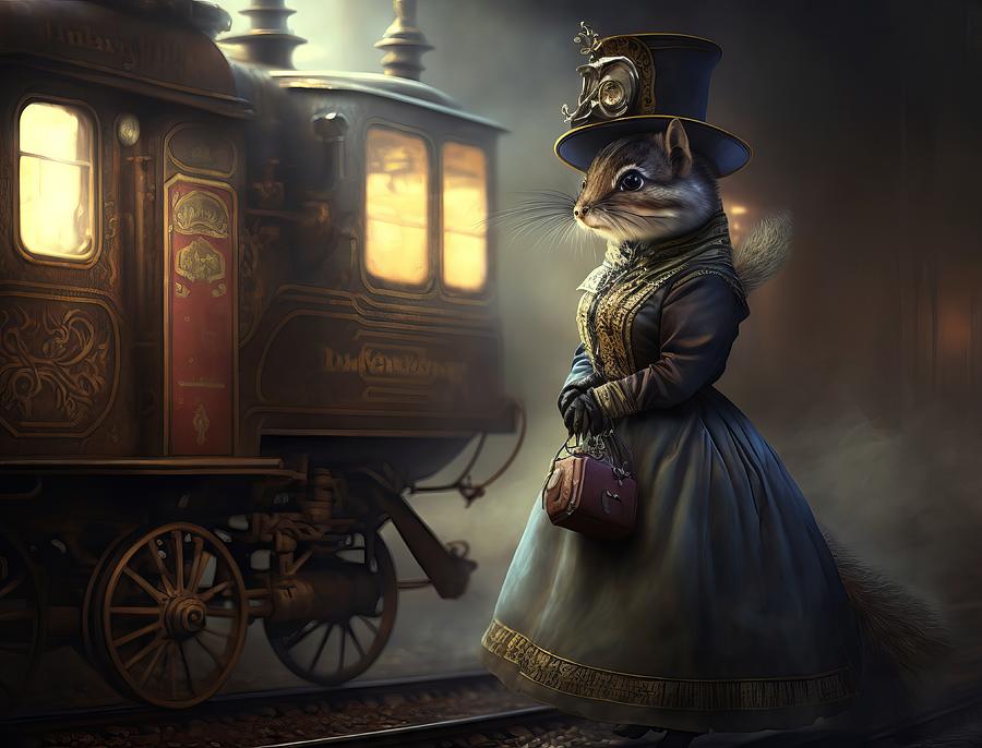 Steampunk Victorian Chipmunk with Train Digital Art by Karen Foley