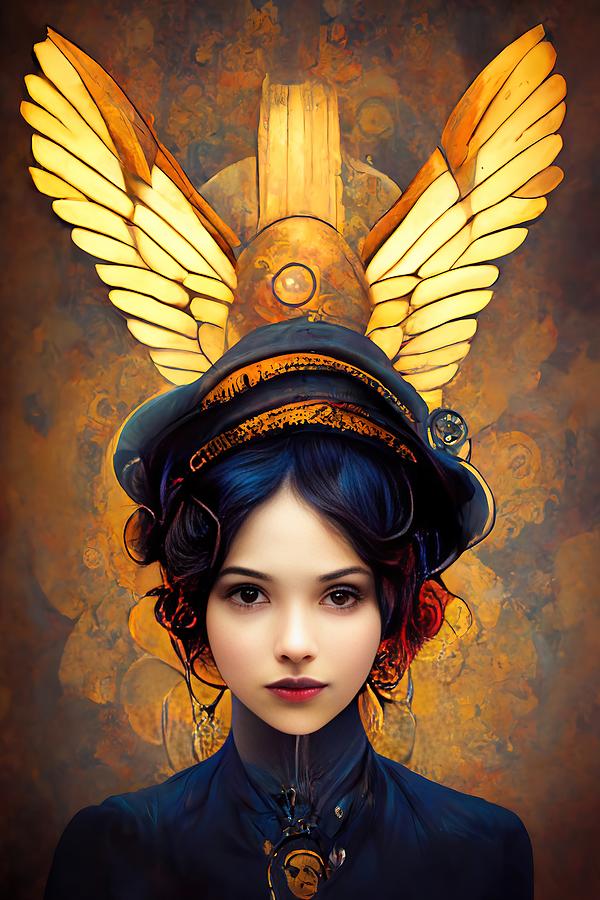 Steampunk Woman Portrait 01 Angel Wings Digital Art by Matthias Hauser