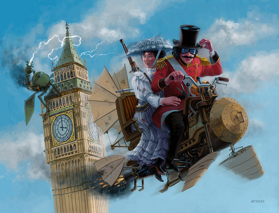Steampunk escape from attack of  Big Ben foe Digital Art by Martin Davey