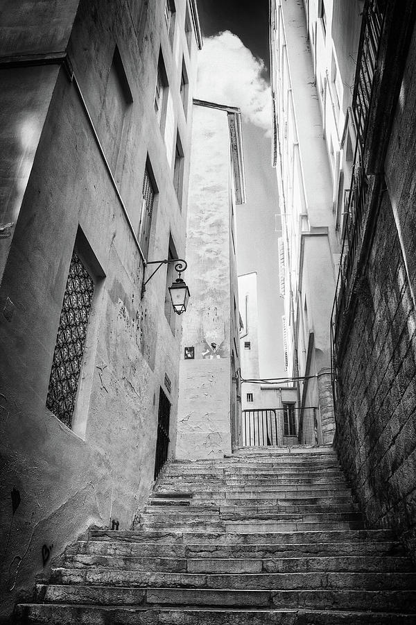 Steep Steps of Passage Thiaffait Lyon France Black and White Photograph by Carol Japp
