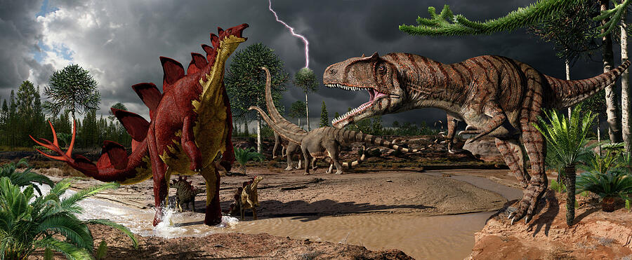 Jurassic World Digital Art - Stegosaurus vs Allosaurus by Julius Csotonyi