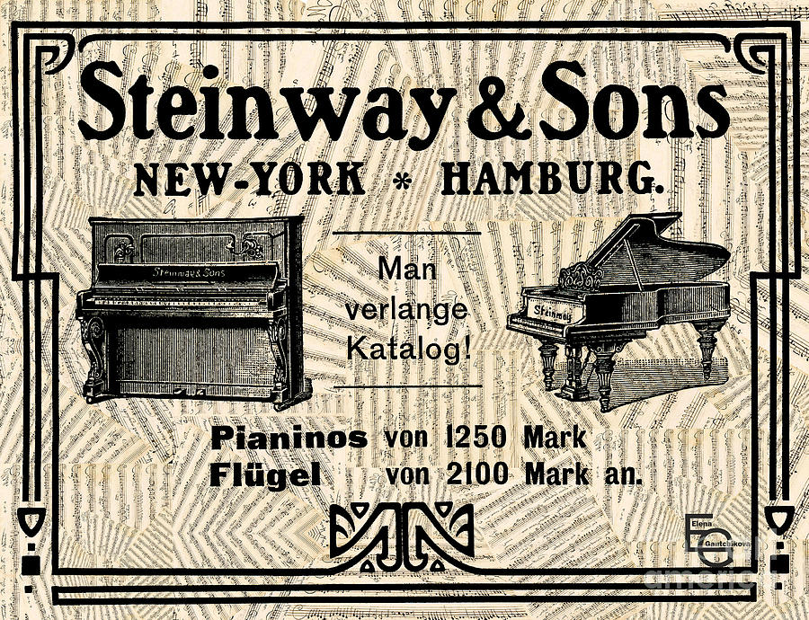 Steinway Sons vintage advertising. Collage with sheet music scores.  Mixed Media by Elena Gantchikova