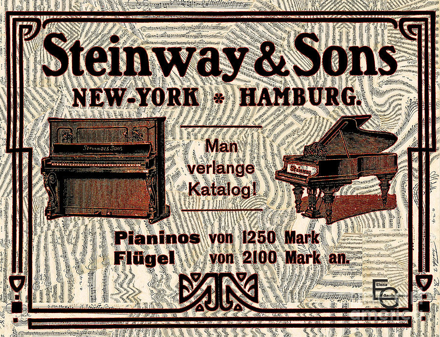 Steinway Sons vintage advertising. Collage with sheet music scores. RED Mixed Media by Elena Gantchikova