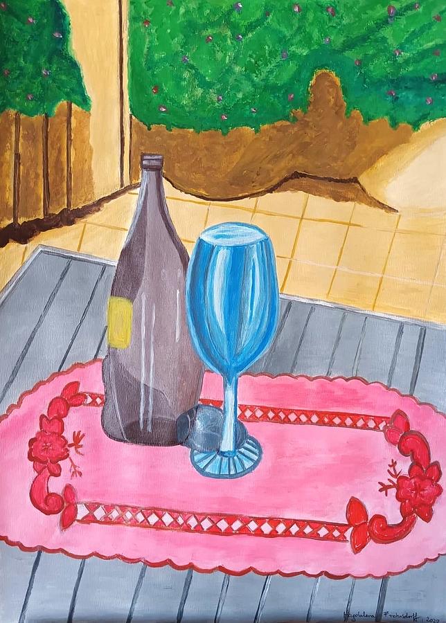 Still Life- A Bottle and a Glass on the table  Painting by Magdalena Frohnsdorff