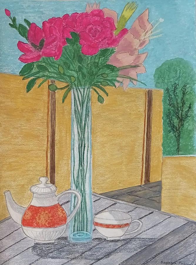 Still Life- A Vase with Flowers , a Tea Pot and a Cup  Pastel by Magdalena Frohnsdorff