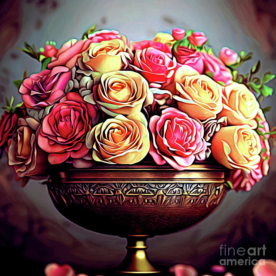 Still Life AI Art Bouquet of Multicolored Roses in an Antique Metallic Bowl Abstract Expressionism Digital Art by Rose Santuci-Sofranko