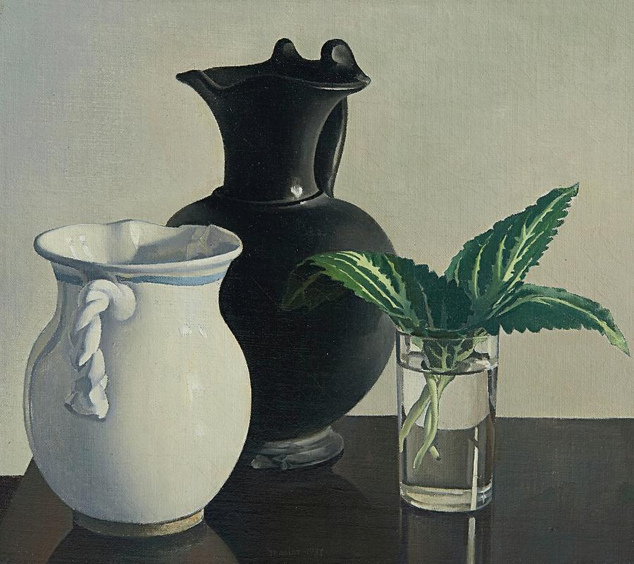 Still life - Black and white vases Painting by Charles Sheeler