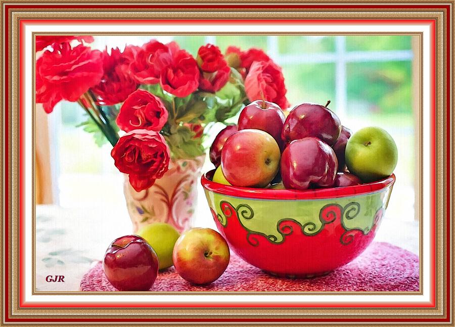 Still Life - Bowl With Apples And Red Roses Bouquet  L A S - With Printed Frame. Digital Art