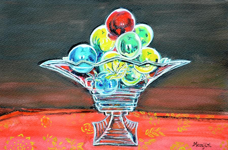 Still life christmas baubles in glass vase Painting by Manjiri Kanvinde