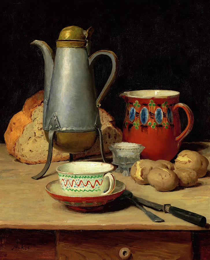 Albert Anker Painting - Still life, Coffee and Potatoes, 1897 by Albert Anker
