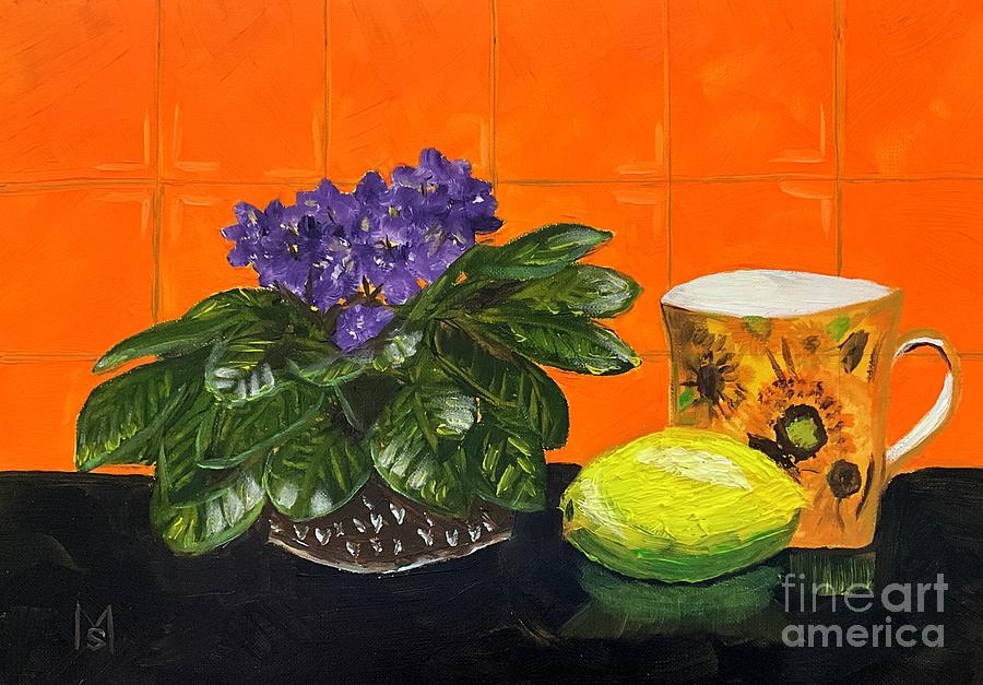 Still Life-Cup Lemon African Violet Painting by Monika Shepherdson