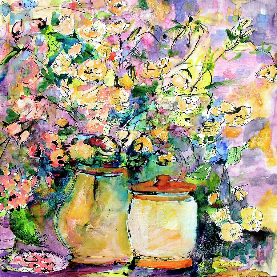 Still Life Flowers Pottery Watercolors Painting by Ginette Callaway