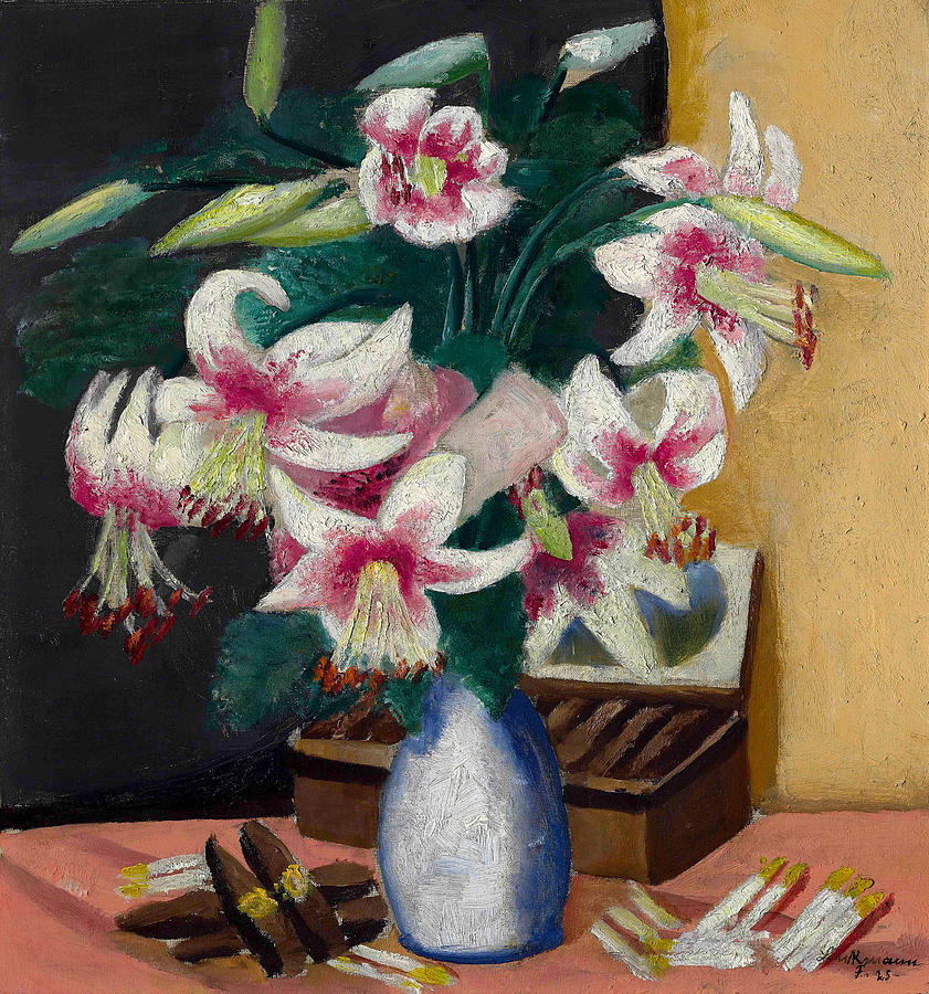 Life - Flowers with Cigarette Box Painting by Max Beckmann