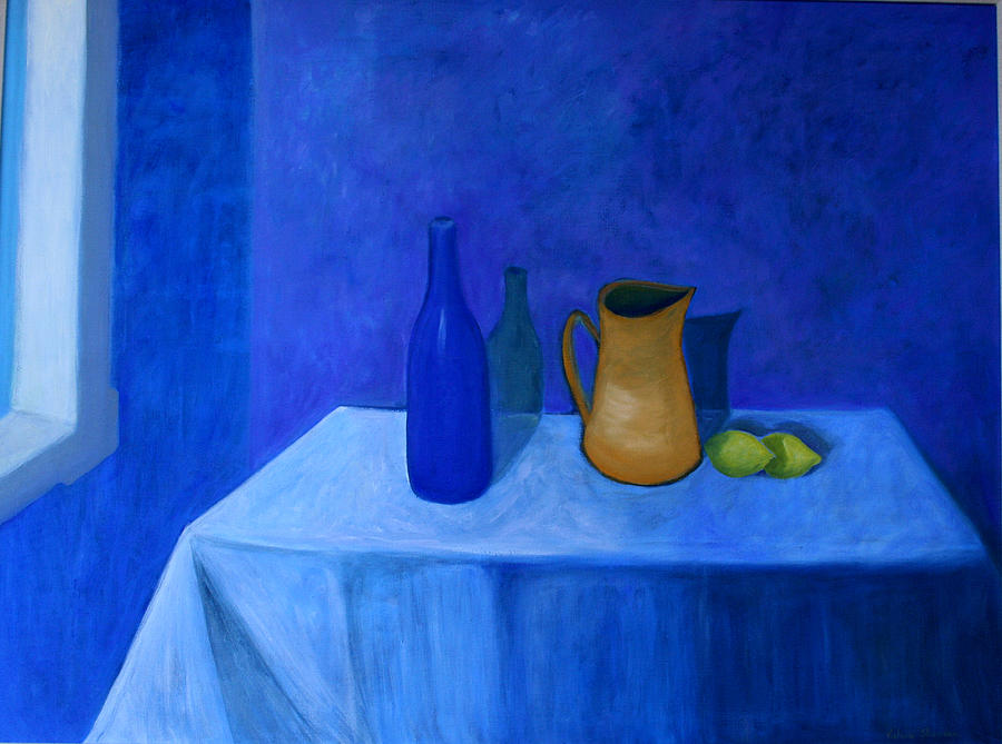 Still Life Painting - Still life in blue with lemons by Victoria Sheridan