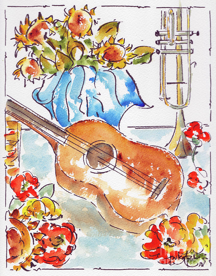 Still Life Music And Flowers Painting by Pat Katz