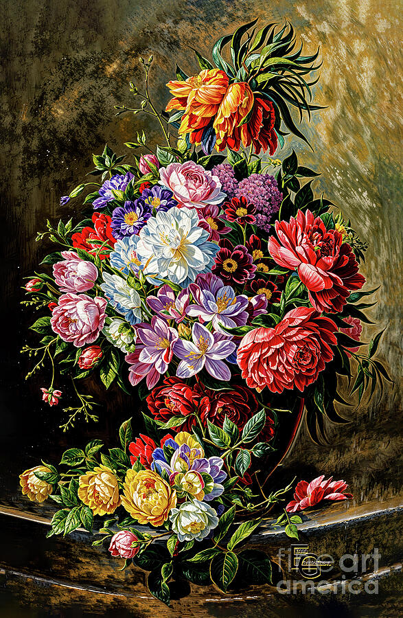 Still Life nature morte bouquet of flowers bursts with color, featuring roses, peonies, and daisies. Painting by Elena Gantchikova Still Life nature morte bouquet of flowers bursts with color, featuring roses, peonies, and daisies. Painting by Elena Gantchikova