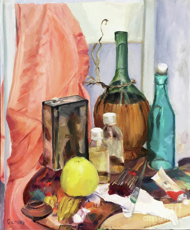 Still life of a Yellow Apple, Bottles, Palette and Paintbrush on a Chair Painting by Greta Corens