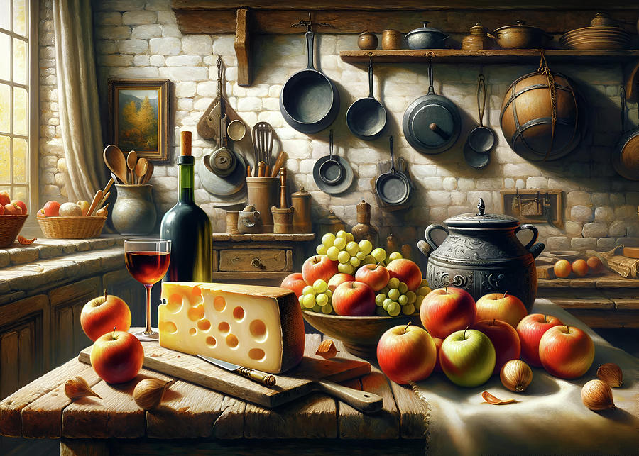 Still Life Of Apples, Grapes, Cheese, And Wine Digital Art