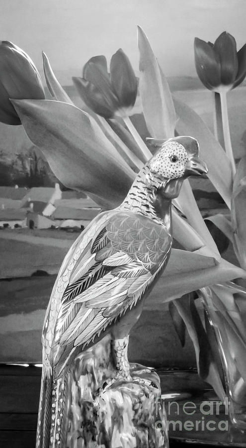 Still Life Of Bird With Tulips BnW Photograph by Catherine Sullivan