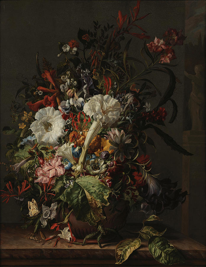 Rachel Ruysch Painting - Still Life of Exotic Flowers on a Marble Ledge  by Rachel Ruysch