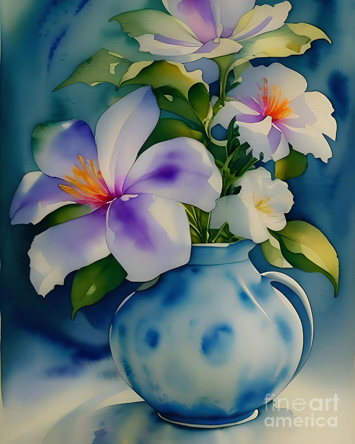 Still Life of Flowers in a Blue Vase Mixed Media by Mary Machare